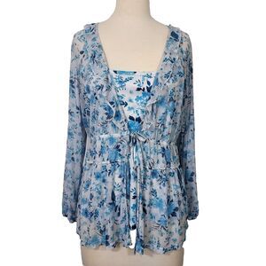 Cato Sheer Cardigan Tank Set Womens Size 14 16 Blue White Floral Stretch